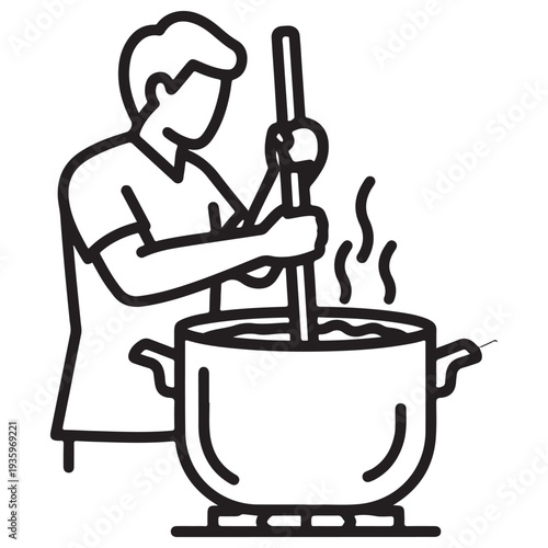 Male chef or home cook stirring a large steaming pot with a long paddle on a kitchen stove, minimalist black and white line art icon, clean outline illustration for culinary concepts.