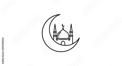 Islamic crescent moon with mosque silhouette, simple line art icon on white background