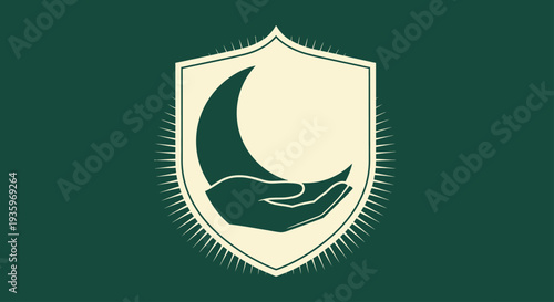 Crescent moon in open hand inside shield, divine protection, spiritual growth, cosmic energy
