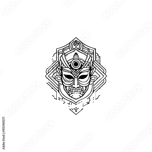 Intricate black and white illustration of a tribal mask design.