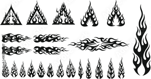 Flame fire silhouette collection, burning fire shapes and tribal flame elements, hot blaze illustration set isolated design