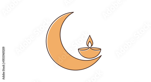 Crescent moon and oil lamp icon, Ramadan, Diwali, Islamic, Hindu festival, celebration, light
