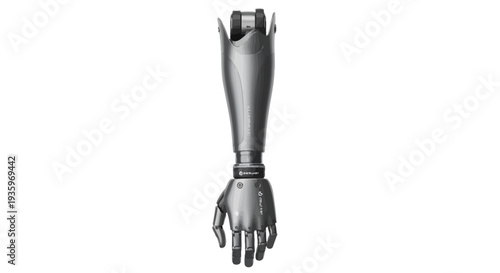 Robotic arm with metal hand extended.