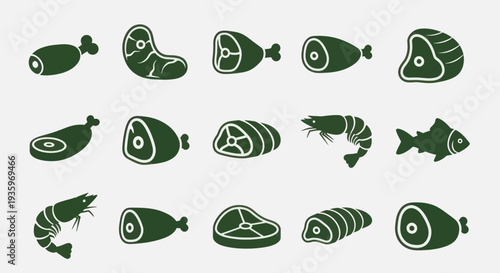 Collection of various meat cuts and seafood items in a simple graphic style.