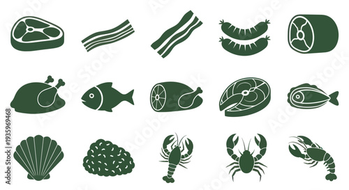 Collection of various meat, poultry, seafood, and fish products in a simple, dark green silhouette style.