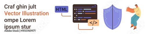 Web development, cyber security, programming, data protection, coding education, online safety. HTML and code on a screen, shield and developer figure interacting. Web development and cyber security