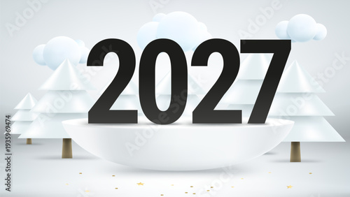 Happy new 2027 year greeting card. Composition with digits, podium and pines with snow. 3d vector illustration