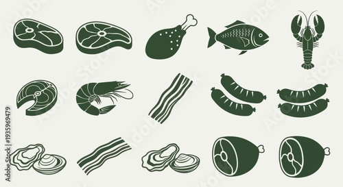 Collection of Various Raw Meats Seafood and Other Food Items.