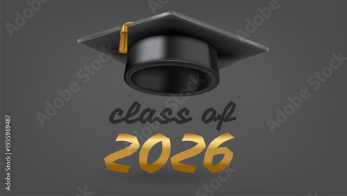 Graduation class of 2026 concept with graruation cap. 3d vector illustration