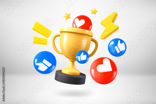 Golden cup with social media icons. 3d vector illustration
