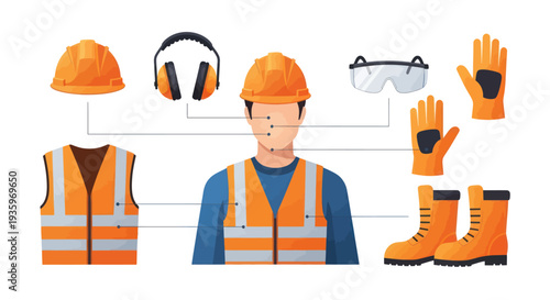 Construction Worker with Personal Protective Equipment Diagram.