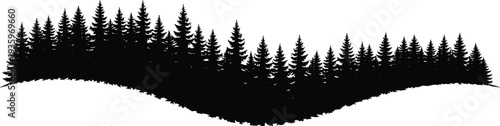 Pine forest silhouette landscape border, evergreen trees nature scene, woodland horizon illustration isolated natural scenery design element