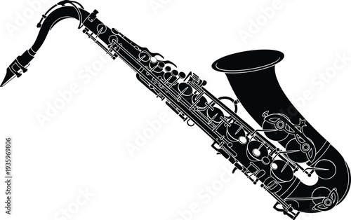 Saxophone silhouette musical instrument illustration, jazz music sax icon, classic wind instrument design isolated black vector style