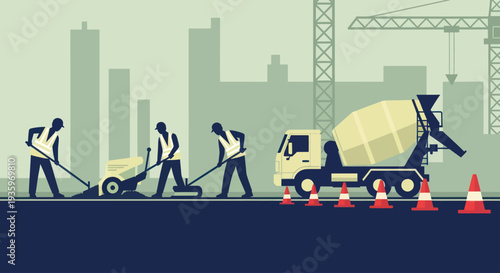 Construction workers pouring concrete with a cement mixer truck.