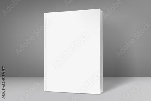 Vertical white book with blank cover. 3d vector mockup for product design