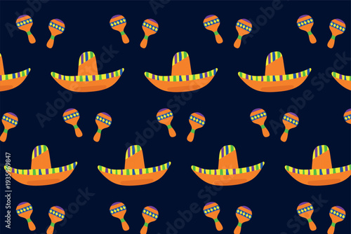 Seamless pattern with Mexican sombrero and maracas on a blue background. Vector illustration.