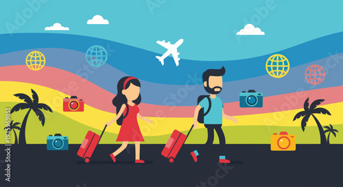 Couple Traveling with Luggage and Cameras Ready for Adventure.