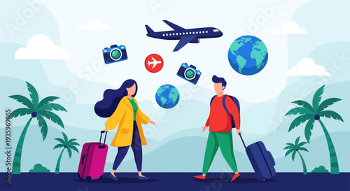 Couple with luggage ready for global travel adventure.