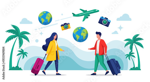 Couple with luggage ready for international travel adventure.