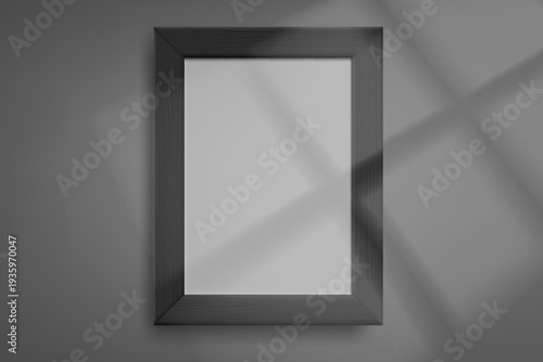 Grey photo frame on dark wall with window light. 3d vector mockup