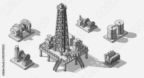 Detailed Isometric View of an Oil Rig and Associated Industrial Equipment.