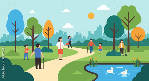 Diverse people enjoying a leisurely walk in a vibrant park.