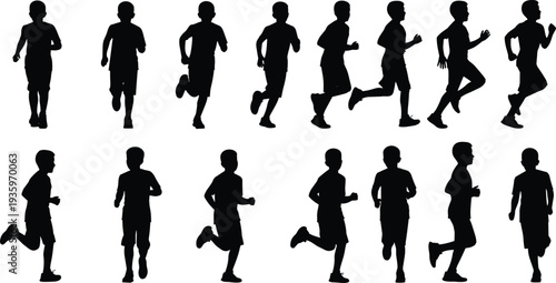 Running boy silhouette collection, kids jogging and sprinting poses, child athlete movement set isolated sport activity illustration