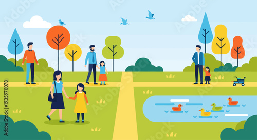 Diverse group of people enjoying a sunny day in a vibrant park with a pond.