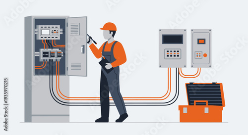 Electrician working on electrical panel with tools and equipment.