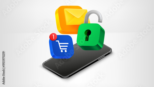 Mobile application buttons with modern smartphone. 3d vector illustration