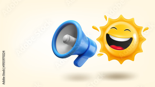 Laughing sun face shouting with Loudspeaker. 3d vector illustration