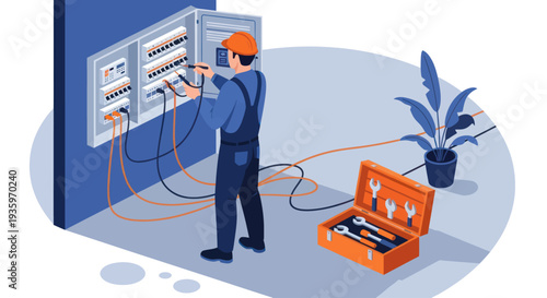 Electrician working on electrical panel with tools.