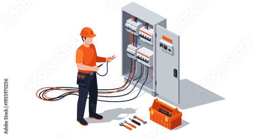 Electrician working on electrical panel with tools and wires.