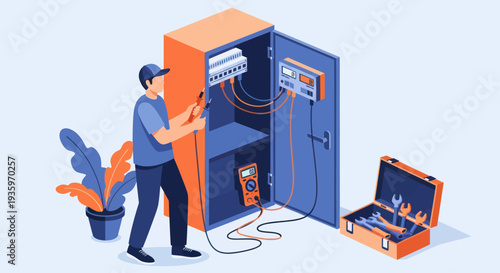 Electrician working on electrical panel with tools.
