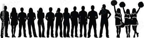 People group silhouette collection with cheerleaders, standing men women crowd, community teamwork concept, diverse people lineup illustration isolated