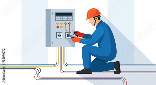 Electrician working on electrical panel with wires and safety gear.