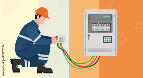 Electrician working on electrical panel with wires.