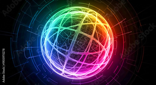 Illuminated Digital Globe: A vibrant, multi-colored digital globe radiates with light and intricate lines, embodying the interconnectedness of modern technology and global communication. 