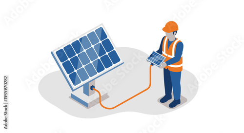 Engineer checking solar panel performance with tablet.