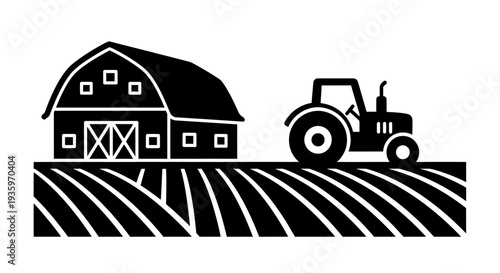 Farm scene with barn, tractor, and plowed field in silhouette.