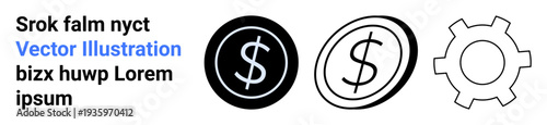 Dollar symbols in solid and outline styles beside a gear shape. Ideal for banking, business, money management, economy insights, settings, system processes, and a simple landing page