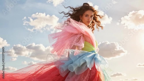 High-Fashion Runway Look — Pastel Pink Off-Shoulder Top and Vibrant Color Cascade