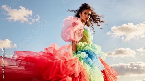Young Model with Flowing Curly Hair in Bold Multilayered Candy-Colored Gown