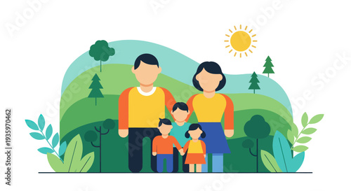 Happy Family Poses Together Outdoors on a Sunny Day.