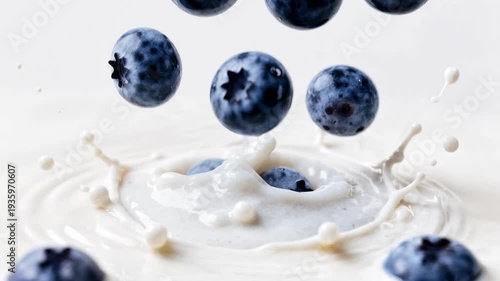 Close-Up Macro of Ripe Blueberries and Flying Milk Droplets