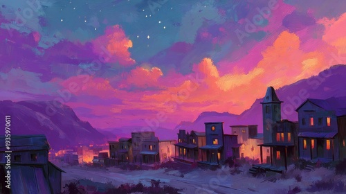 Sunset over a rustic town illustration featuring colorful sky and buildings