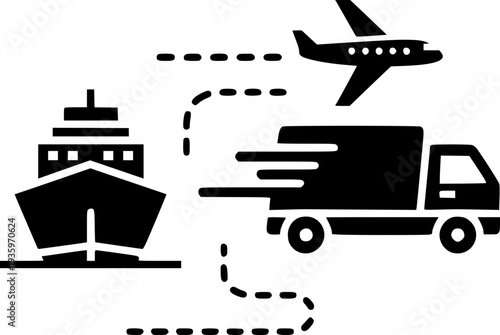 Logistics icon. Containing distribution, shipping, transportation, delivery, cargo, freight, route planning, supply chain, export and import . Solid icon collection.ship and boat icon set. 