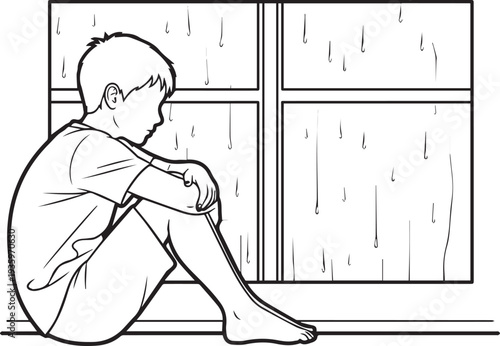 Vector illustration of a sad child sitting by a rainy window