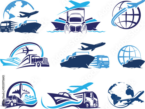 Transportation Icons Grid. Solid, filled icon set of transportation vehicles: car, bus, bicycle, airplane, train, motorcycle, truck, scooter. Solid, filled.Delivery Truck icon set. Express delivery