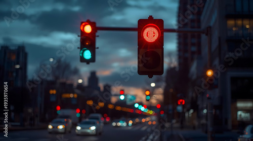 Wallpaper Mural Traffic lights glowing red in city street at dusk with cars passing by Torontodigital.ca